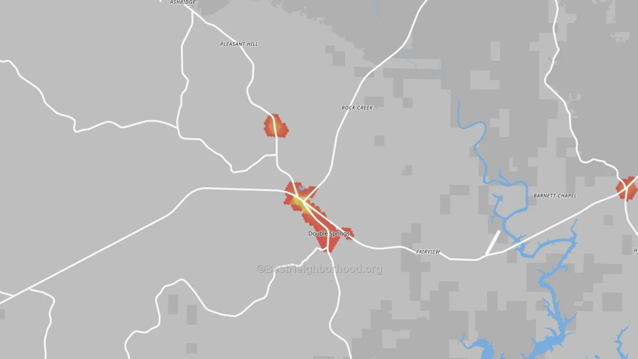 Walk Grade map of Double Springs, AL, walkable areas in green and car-dependent areas in red