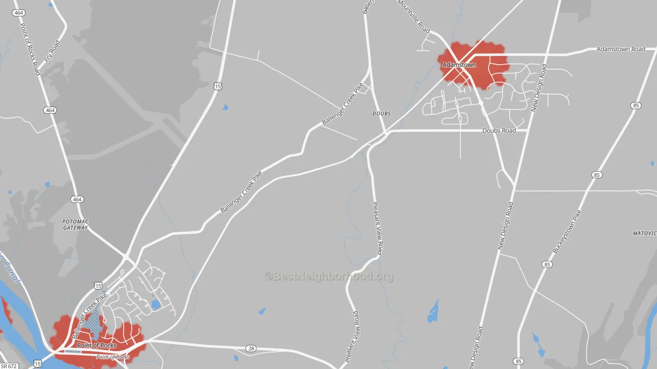 Walk Grade map of Doubs, MD, walkable areas in green and car-dependent areas in red