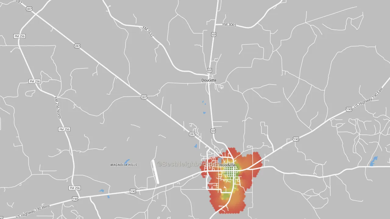 Walk Grade map of Doucette, TX, walkable areas in green and car-dependent areas in red