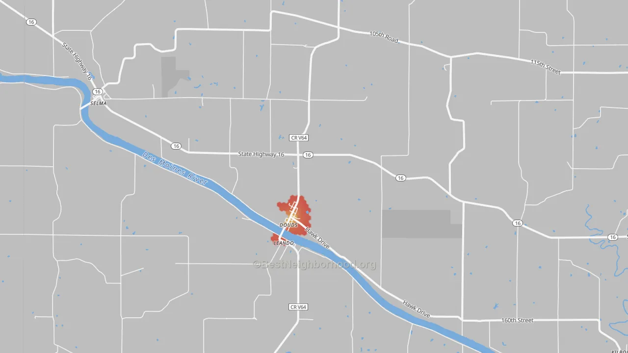 Walk Grade map of Douds, IA, walkable areas in green and car-dependent areas in red