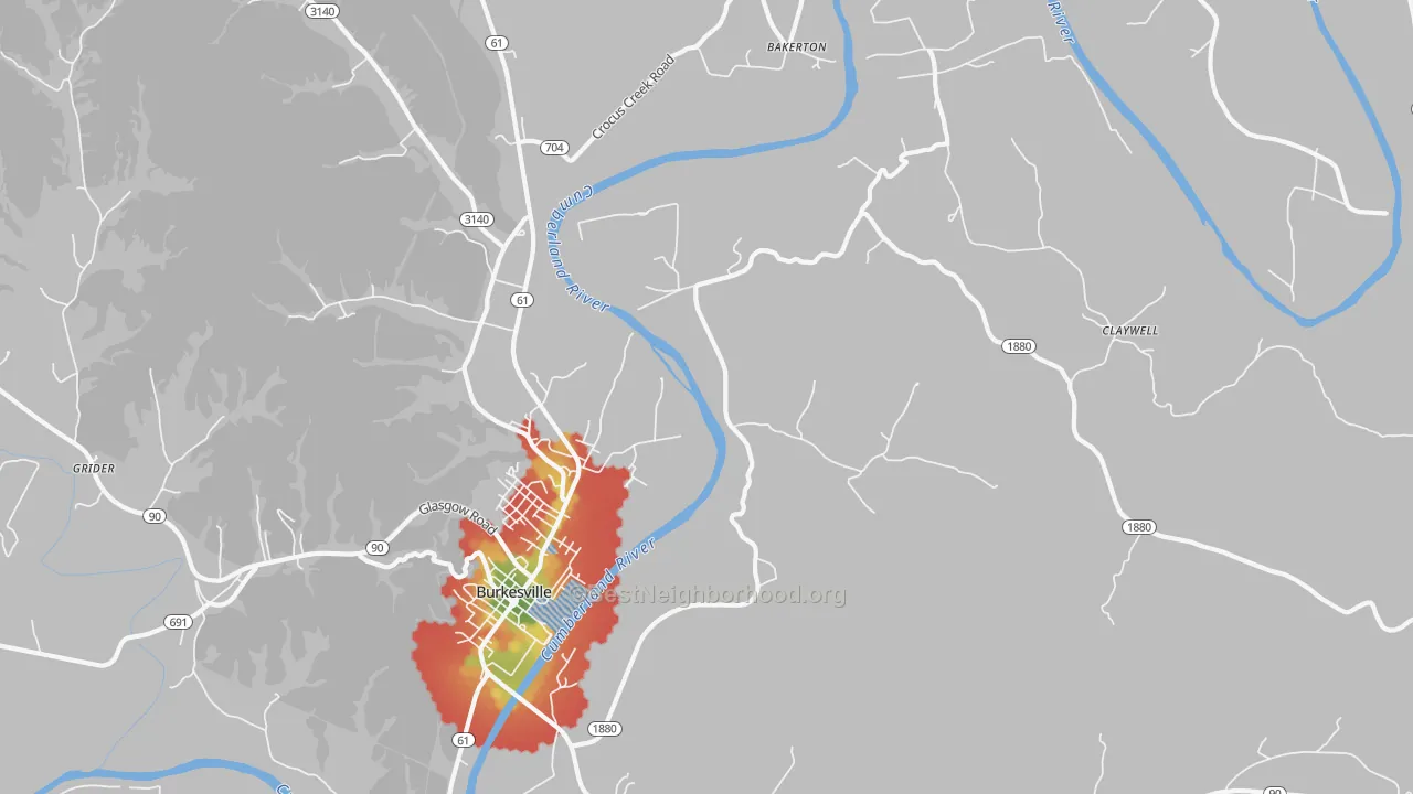 Walk Grade map of Dougan Town, KY, walkable areas in green and car-dependent areas in red