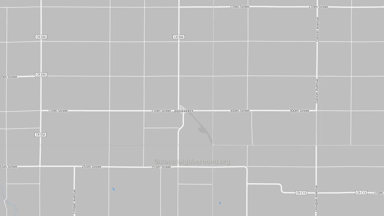 Walk Grade map of Dougherty, IA, walkable areas in green and car-dependent areas in red