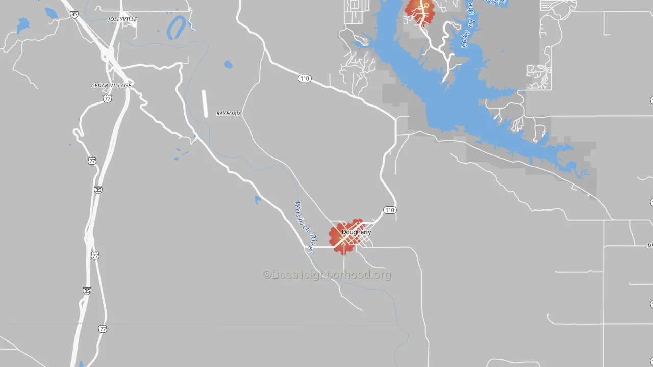 Walk Grade map of Dougherty, OK, walkable areas in green and car-dependent areas in red