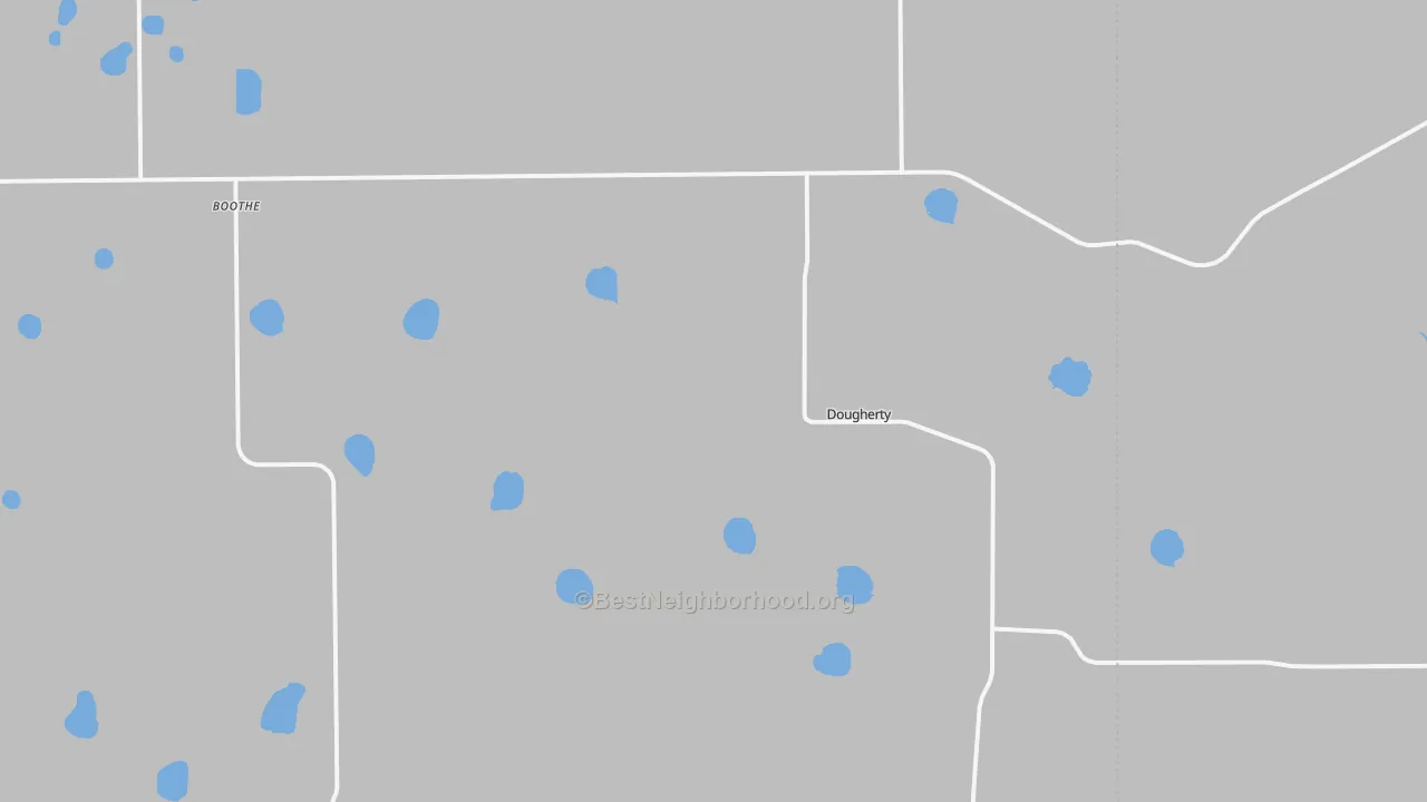 Walk Grade map of Dougherty, TX, walkable areas in green and car-dependent areas in red