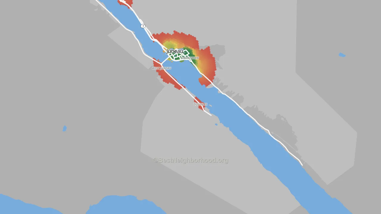Walk Grade map of Douglas, AK, walkable areas in green and car-dependent areas in red