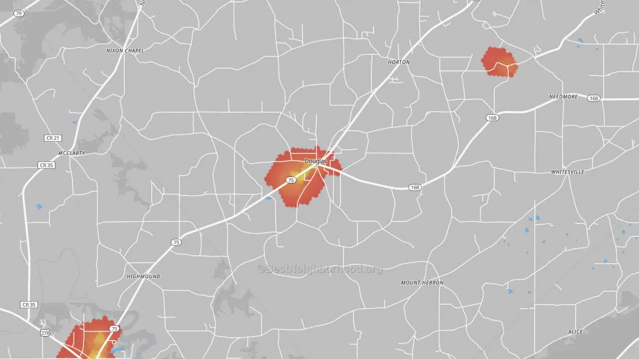 Walk Grade map of Douglas, AL, walkable areas in green and car-dependent areas in red