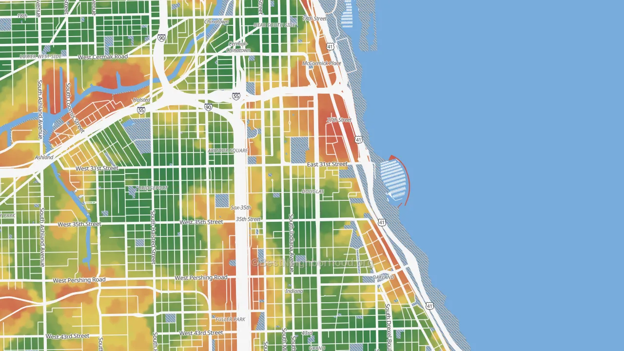 Walk Grade map of Douglas, Chicago, IL, walkable areas in green and car-dependent areas in red