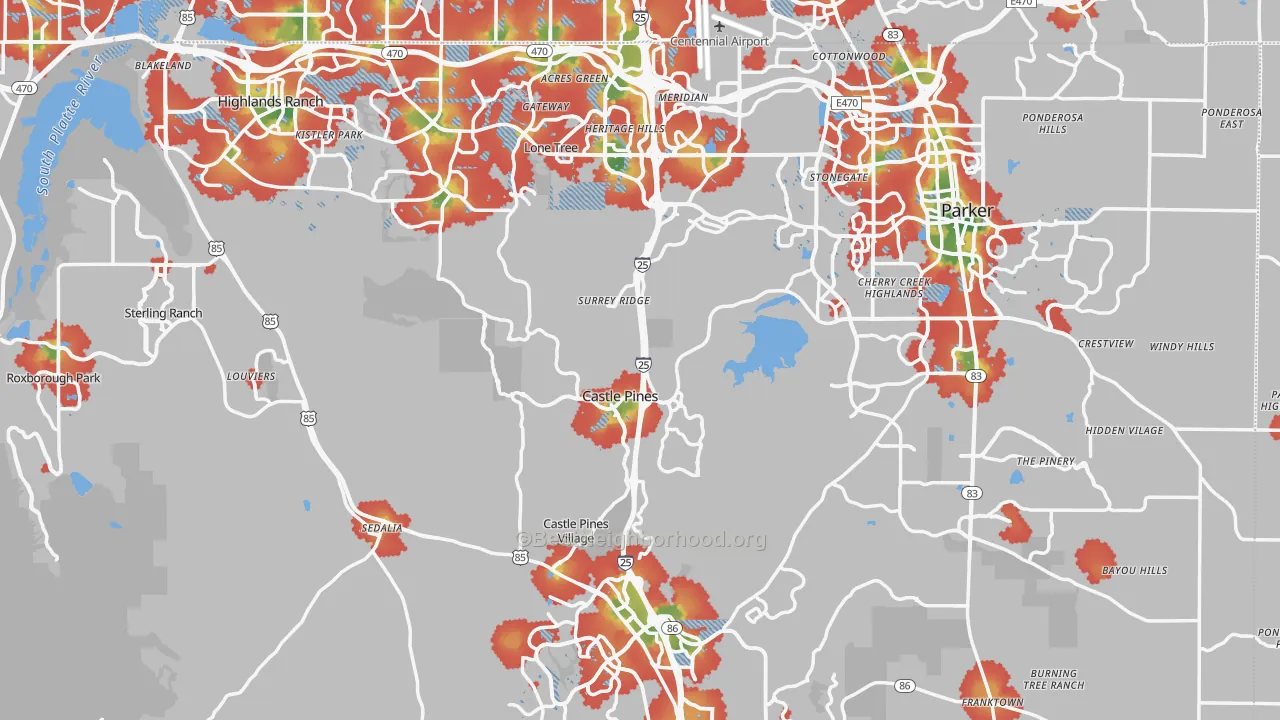 Walk Grade map of Douglas County, CO, walkable areas in green and car-dependent areas in red