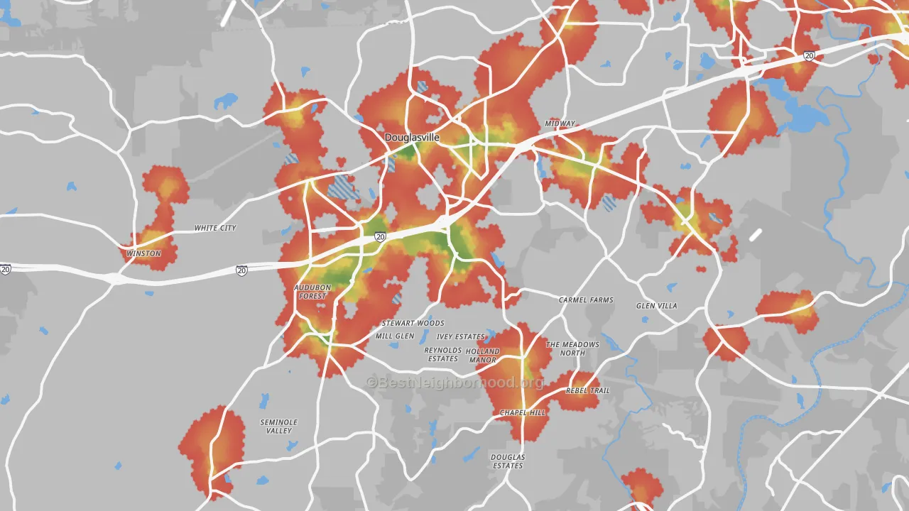 Walk Grade map of Douglas County, GA, walkable areas in green and car-dependent areas in red