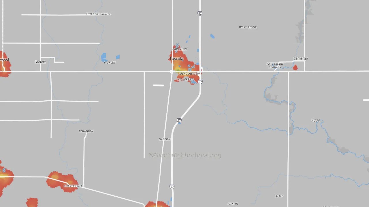 Walk Grade map of Douglas County, IL, walkable areas in green and car-dependent areas in red