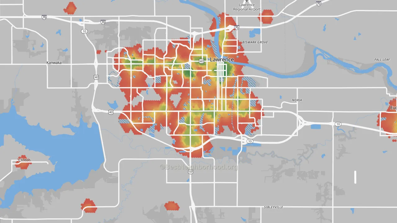 Walk Grade map of Douglas County, KS, walkable areas in green and car-dependent areas in red
