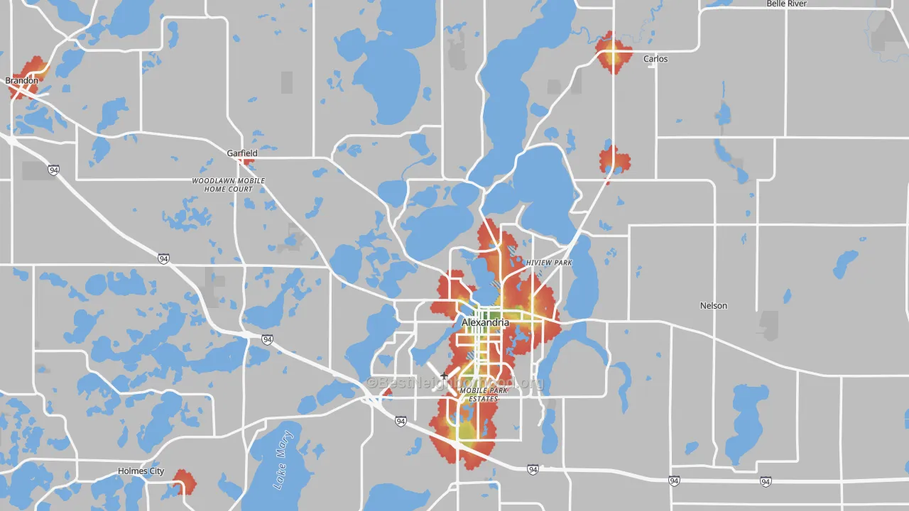 Walk Grade map of Douglas County, MN, walkable areas in green and car-dependent areas in red