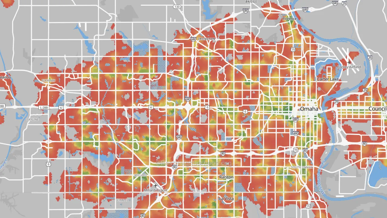 Walk Grade map of Douglas County, NE, walkable areas in green and car-dependent areas in red