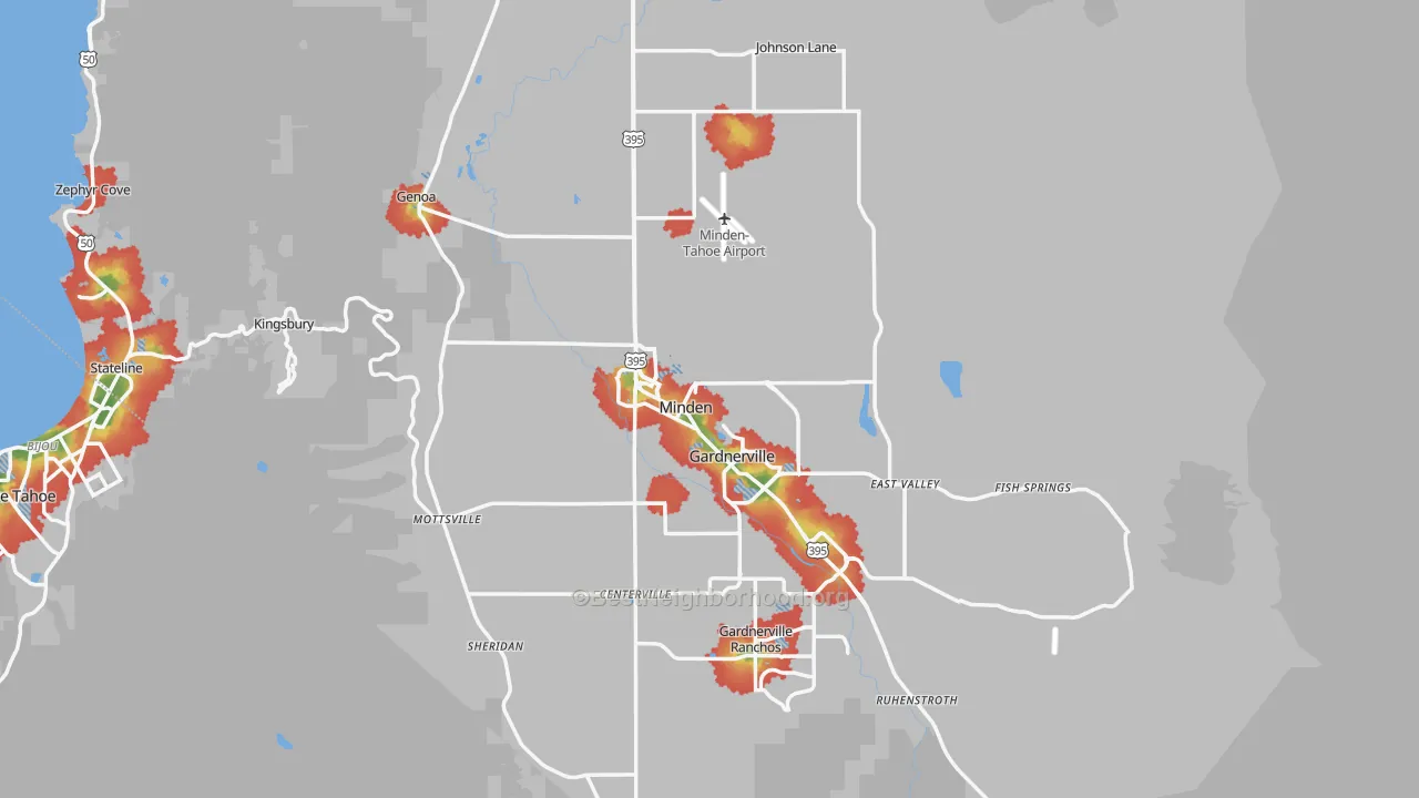 Walk Grade map of Douglas County, NV, walkable areas in green and car-dependent areas in red