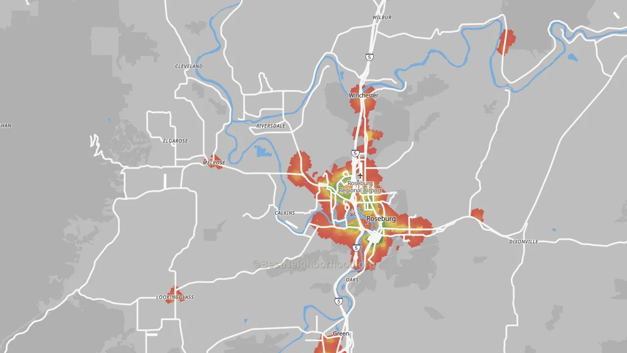 Walk Grade map of Douglas County, OR, walkable areas in green and car-dependent areas in red