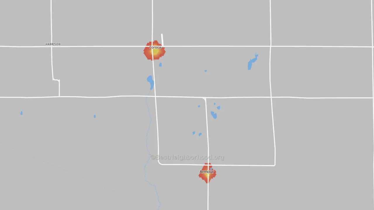 Walk Grade map of Douglas County, SD, walkable areas in green and car-dependent areas in red