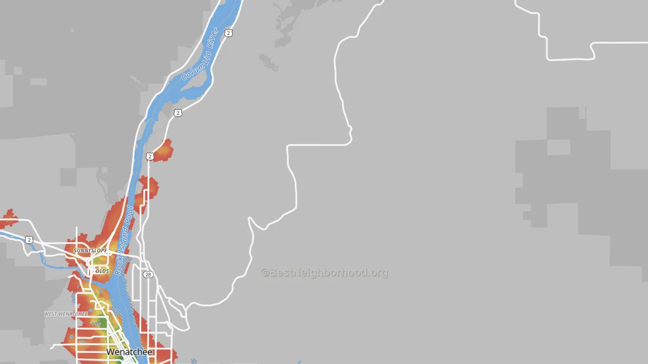 Walk Grade map of Douglas County, WA, walkable areas in green and car-dependent areas in red