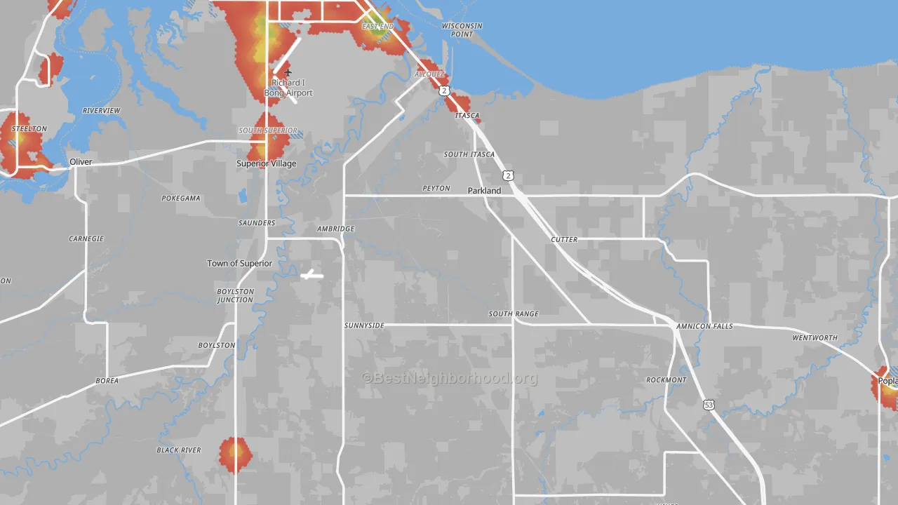 Walk Grade map of Douglas County, WI, walkable areas in green and car-dependent areas in red