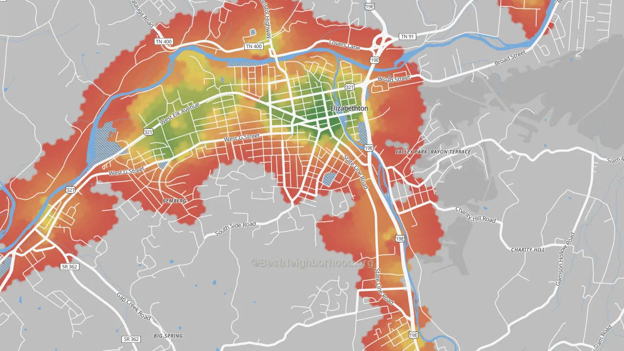 Walk Grade map of Douglas, Elizabethton, TN, walkable areas in green and car-dependent areas in red
