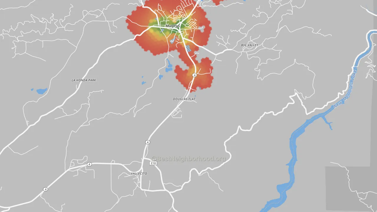 Walk Grade map of Douglas Flat, CA, walkable areas in green and car-dependent areas in red