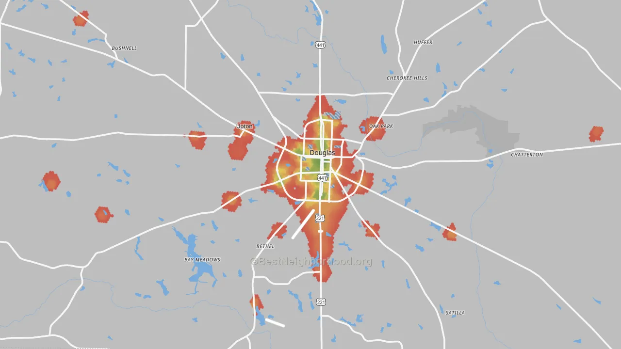 Walk Grade map of Douglas, GA, walkable areas in green and car-dependent areas in red