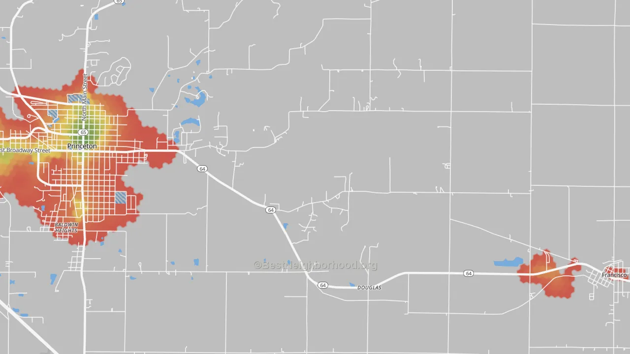 Walk Grade map of Douglas, IN, walkable areas in green and car-dependent areas in red