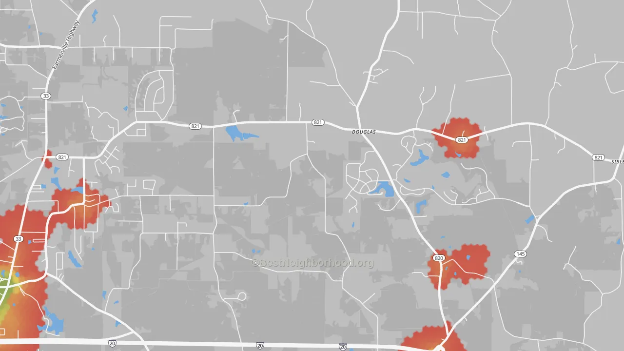 Walk Grade map of Douglas, LA, walkable areas in green and car-dependent areas in red