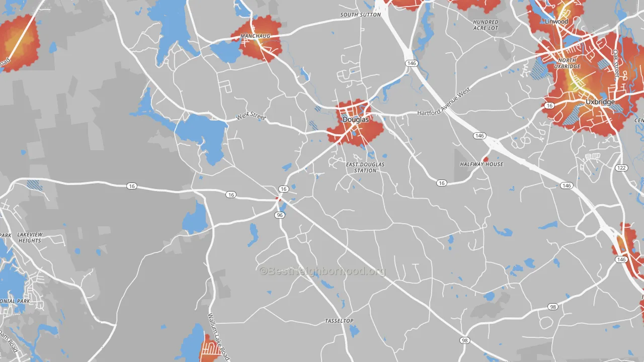 Walk Grade map of Douglas, MA, walkable areas in green and car-dependent areas in red