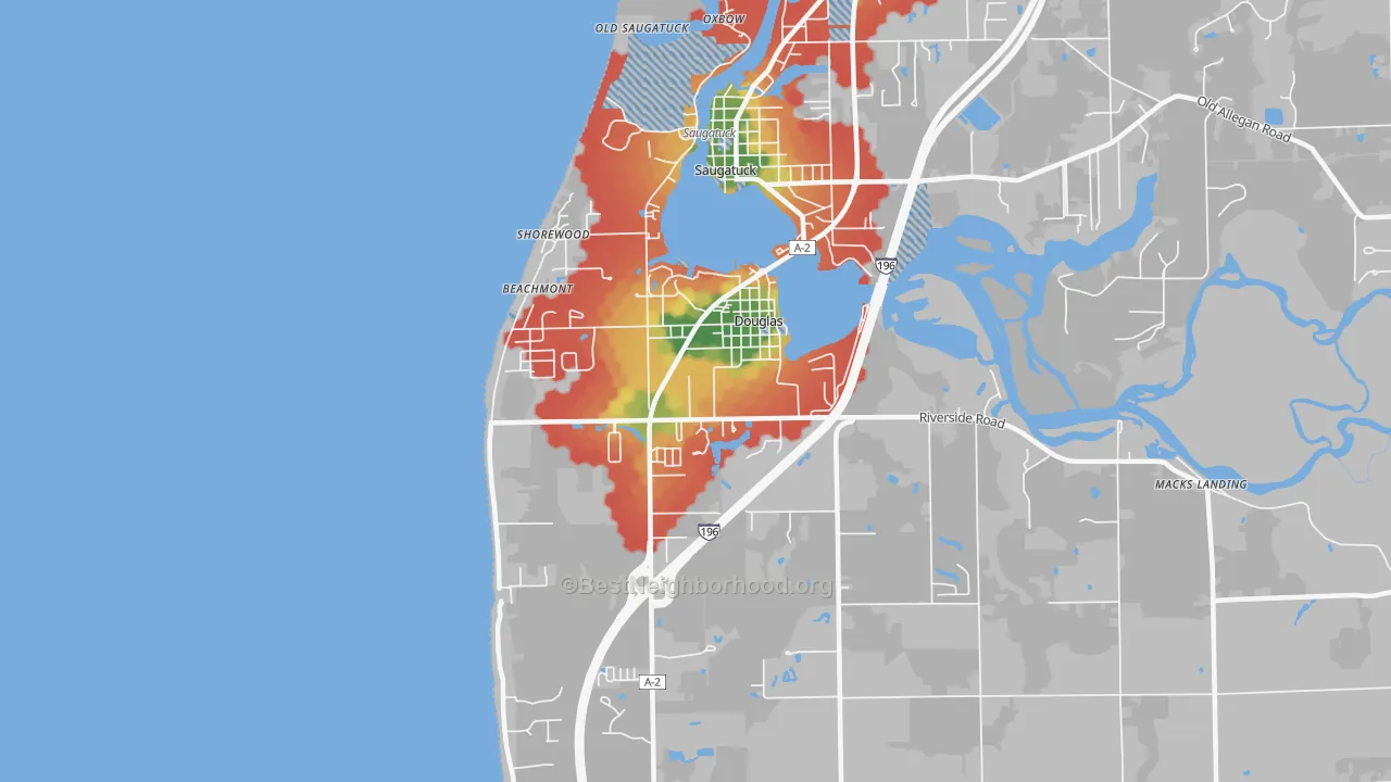 Walk Grade map of Douglas, MI, walkable areas in green and car-dependent areas in red