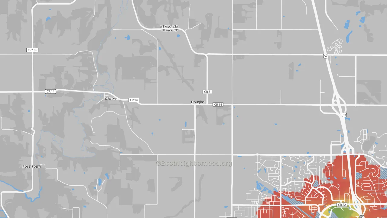 Walk Grade map of Douglas, MN, walkable areas in green and car-dependent areas in red