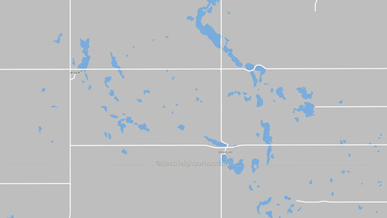 Walk Grade map of Douglas, ND, walkable areas in green and car-dependent areas in red