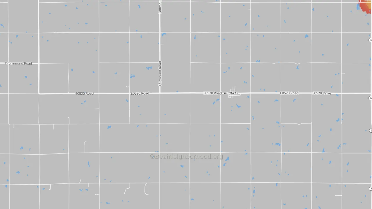 Walk Grade map of Douglas, OK, walkable areas in green and car-dependent areas in red