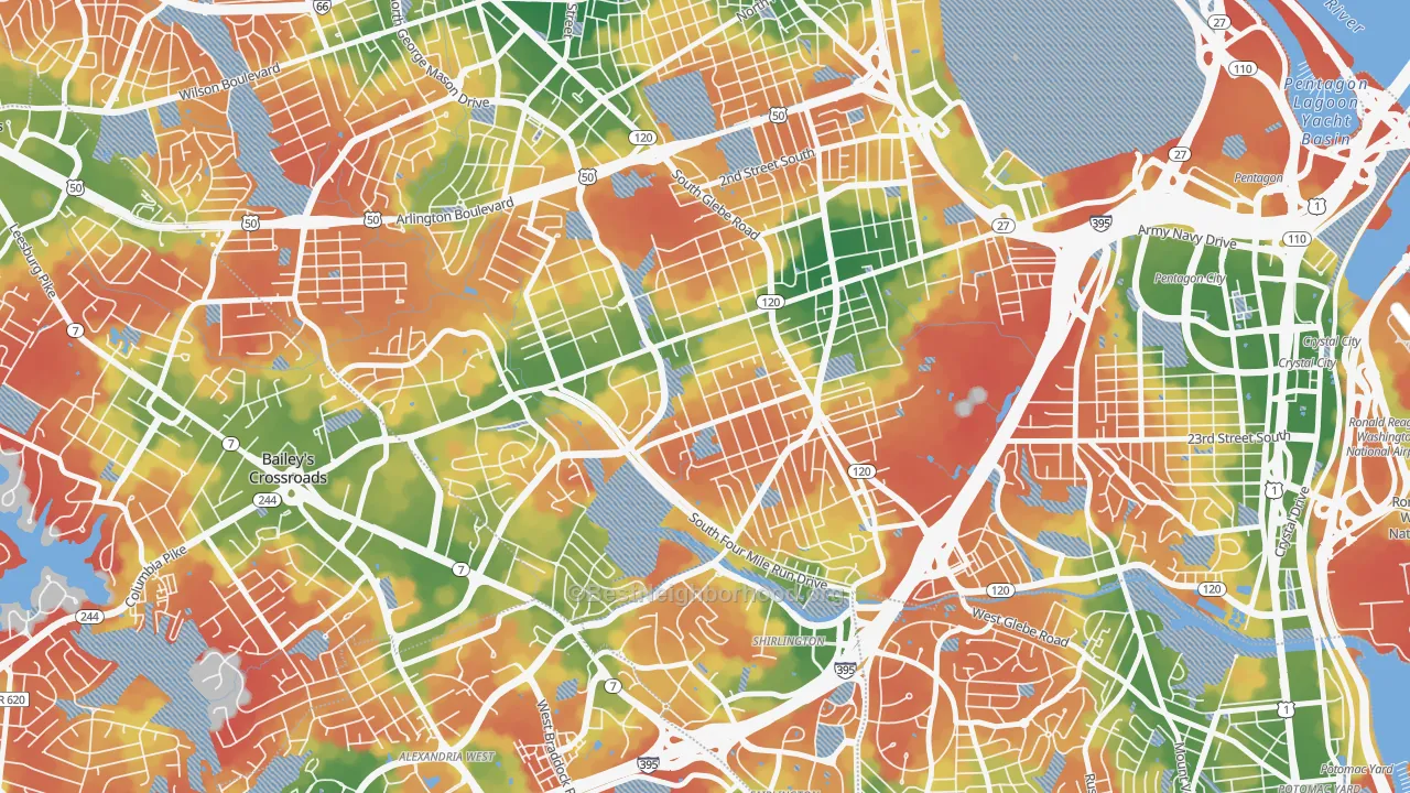 Walk Grade map of Douglas Park, Arlington, VA, walkable areas in green and car-dependent areas in red