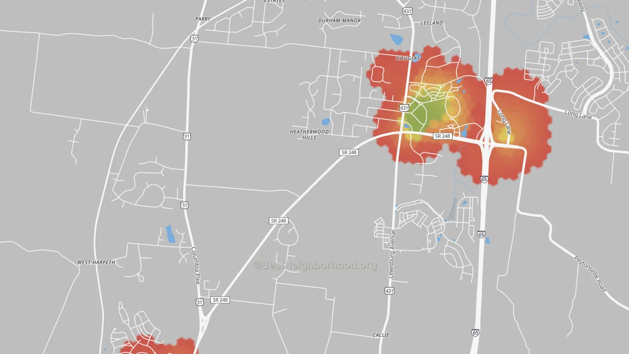 Walk Grade map of Douglas, TN, walkable areas in green and car-dependent areas in red