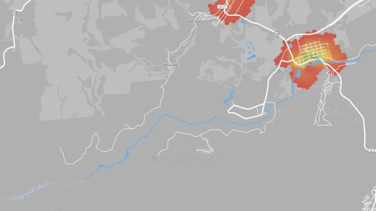 Walk Grade map of Douglas, WV, walkable areas in green and car-dependent areas in red