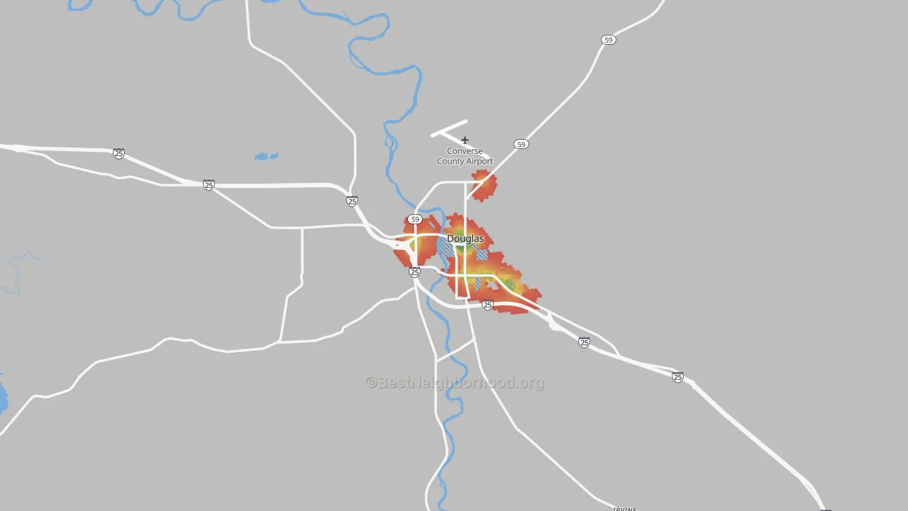 Walk Grade map of Douglas, WY, walkable areas in green and car-dependent areas in red