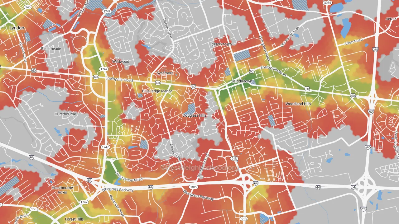 Walk Grade map of Douglass Hills, KY, walkable areas in green and car-dependent areas in red