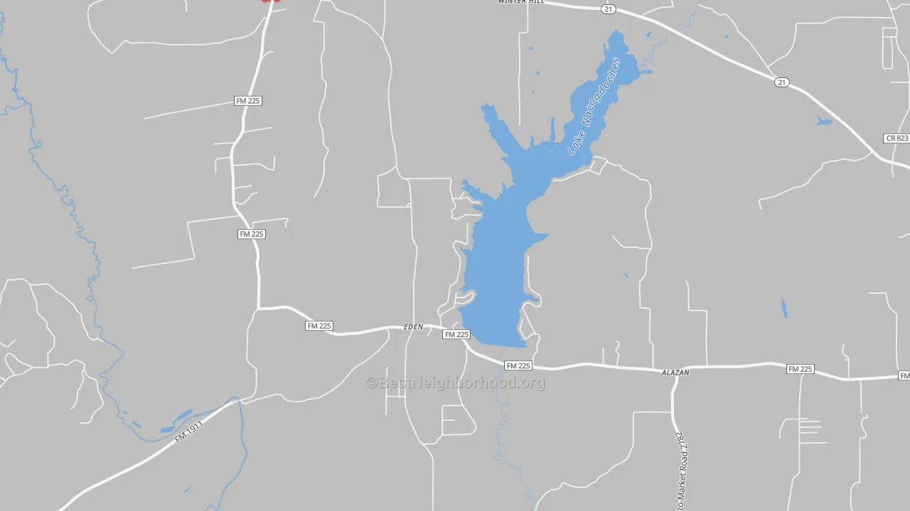 Walk Grade map of Douglass, TX, walkable areas in green and car-dependent areas in red