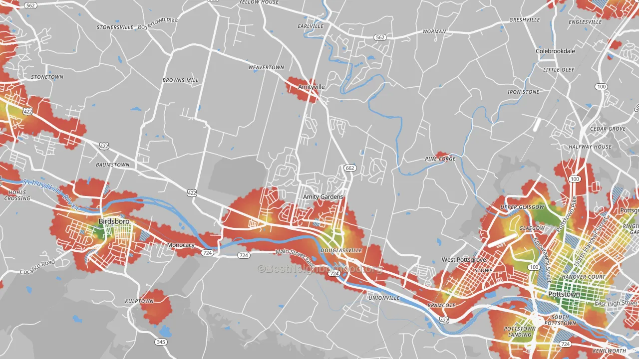 Walk Grade map of Douglassville, PA, walkable areas in green and car-dependent areas in red