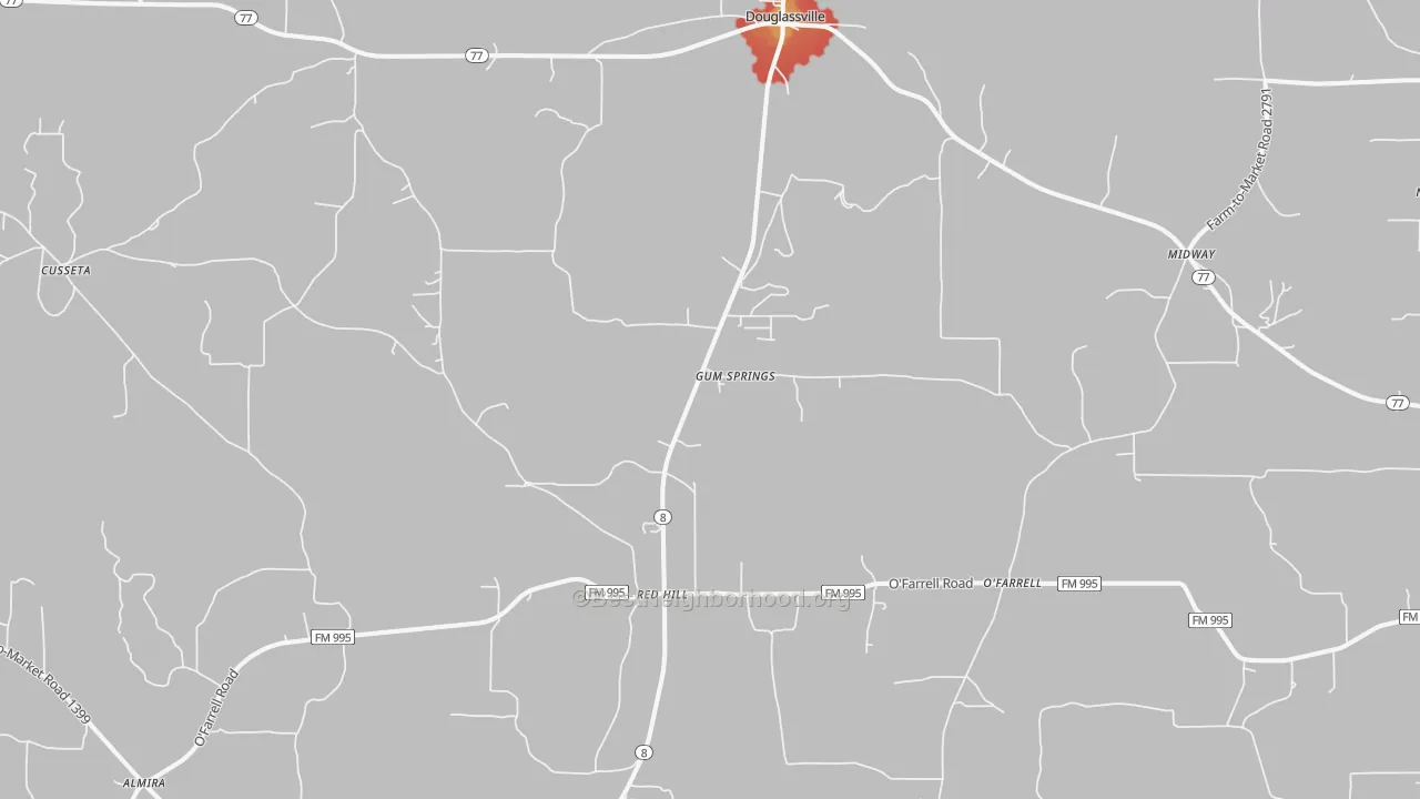 Walk Grade map of Douglassville, TX, walkable areas in green and car-dependent areas in red