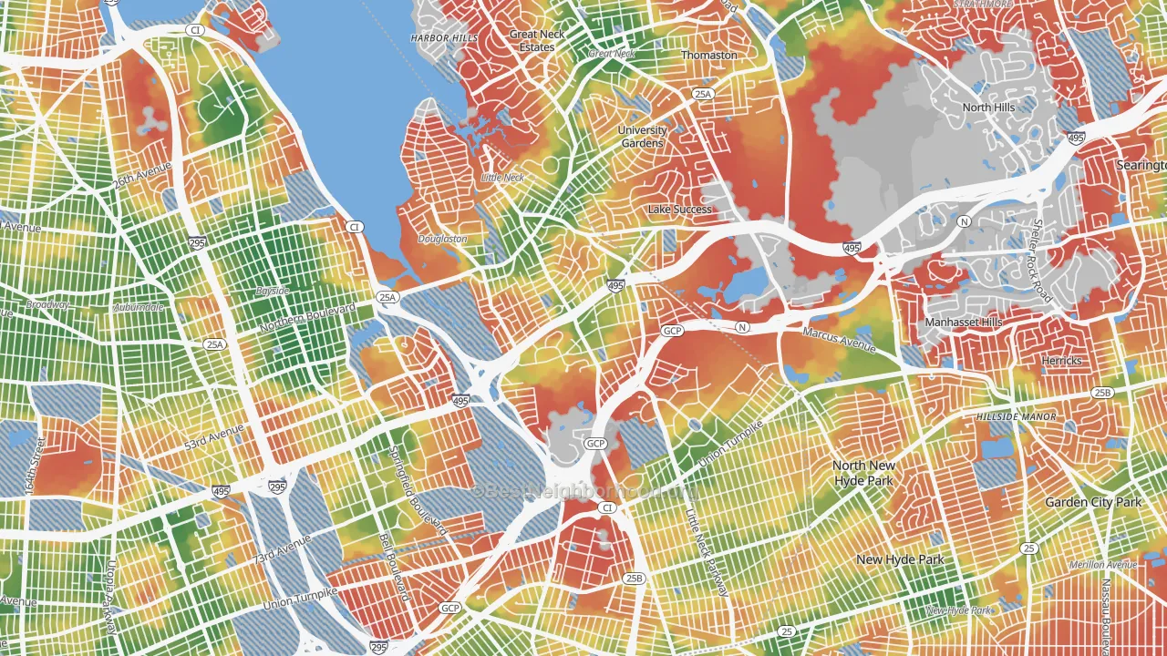 Walk Grade map of Douglaston-Little Neck, Queens, NY, walkable areas in green and car-dependent areas in red