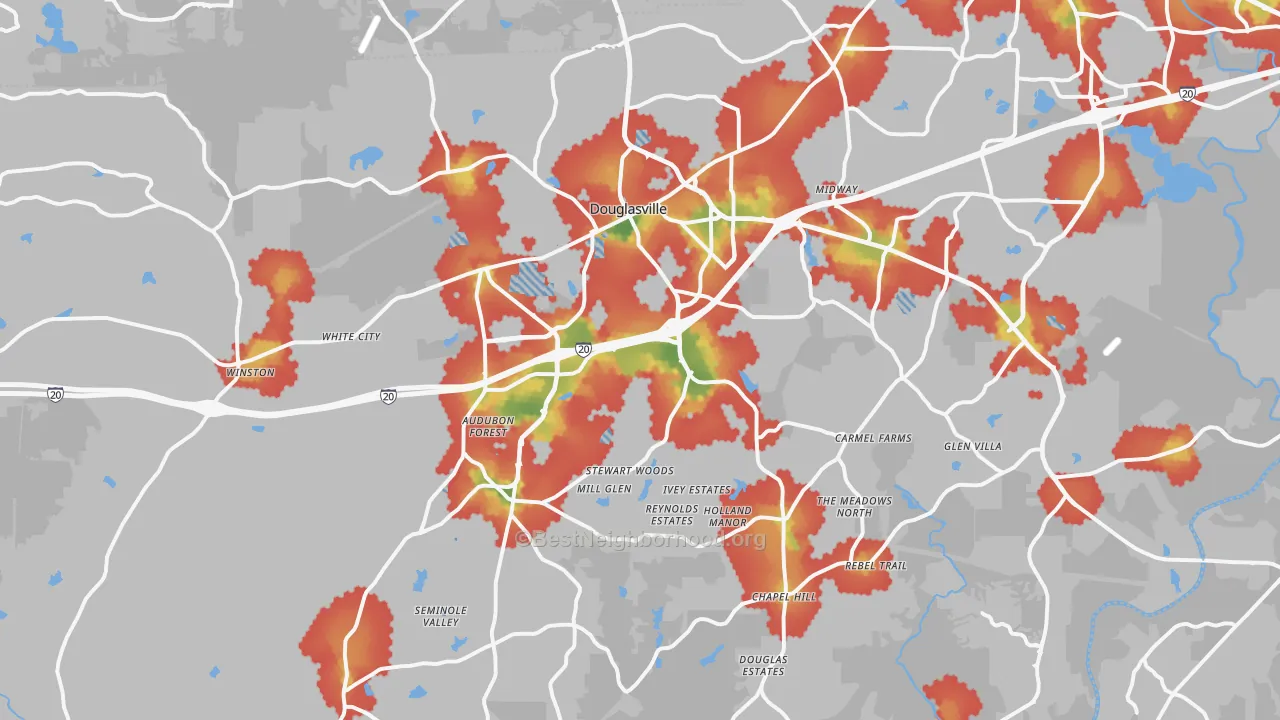 Walk Grade map of Douglasville, GA, walkable areas in green and car-dependent areas in red