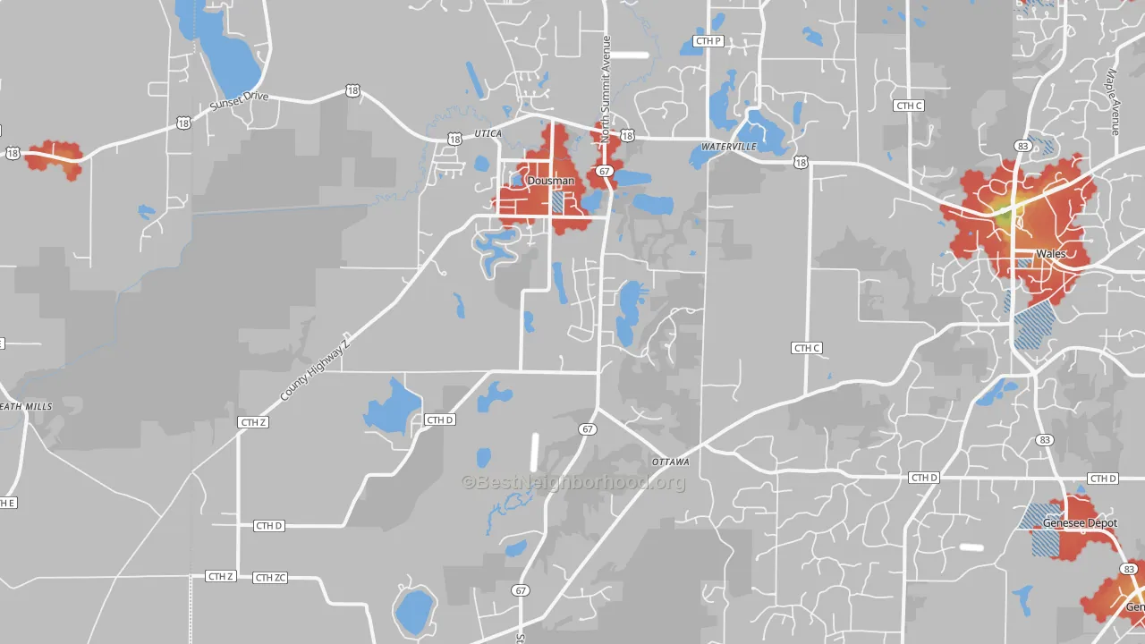 Walk Grade map of Dousman, WI, walkable areas in green and car-dependent areas in red