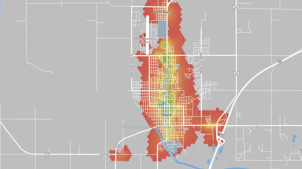 Walk Grade map of Douthat, OK, walkable areas in green and car-dependent areas in red