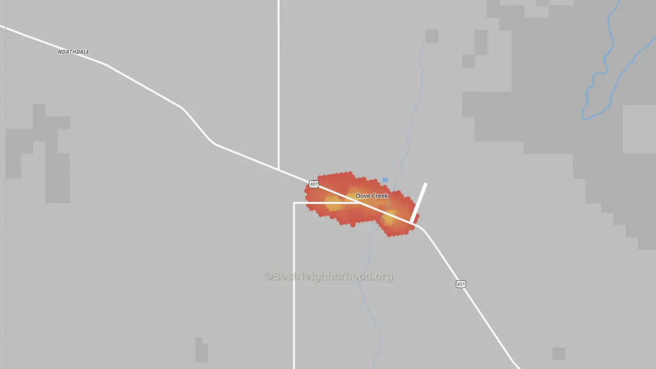 Walk Grade map of Dove Creek, CO, walkable areas in green and car-dependent areas in red