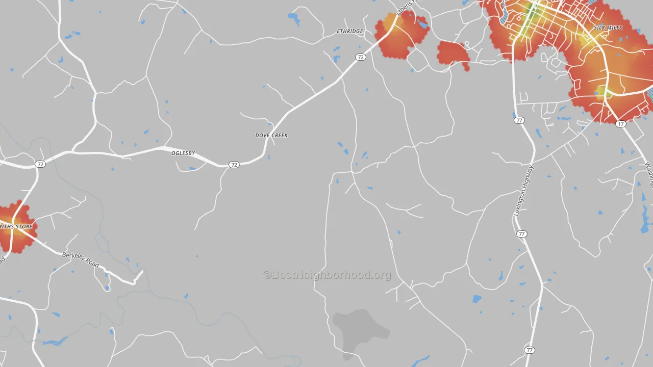 Walk Grade map of Dove Creek, GA, walkable areas in green and car-dependent areas in red