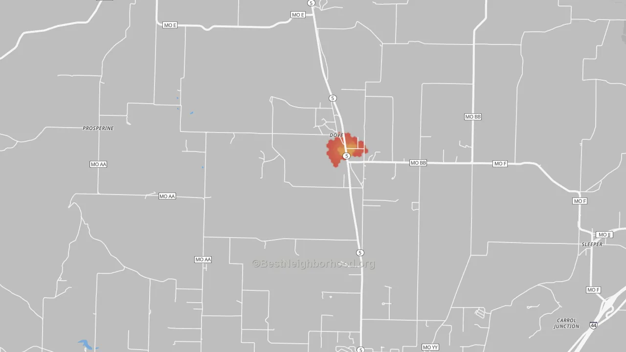 Walk Grade map of Dove, MO, walkable areas in green and car-dependent areas in red