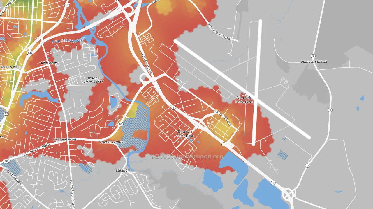 Walk Grade map of Dover Afb, DE, walkable areas in green and car-dependent areas in red
