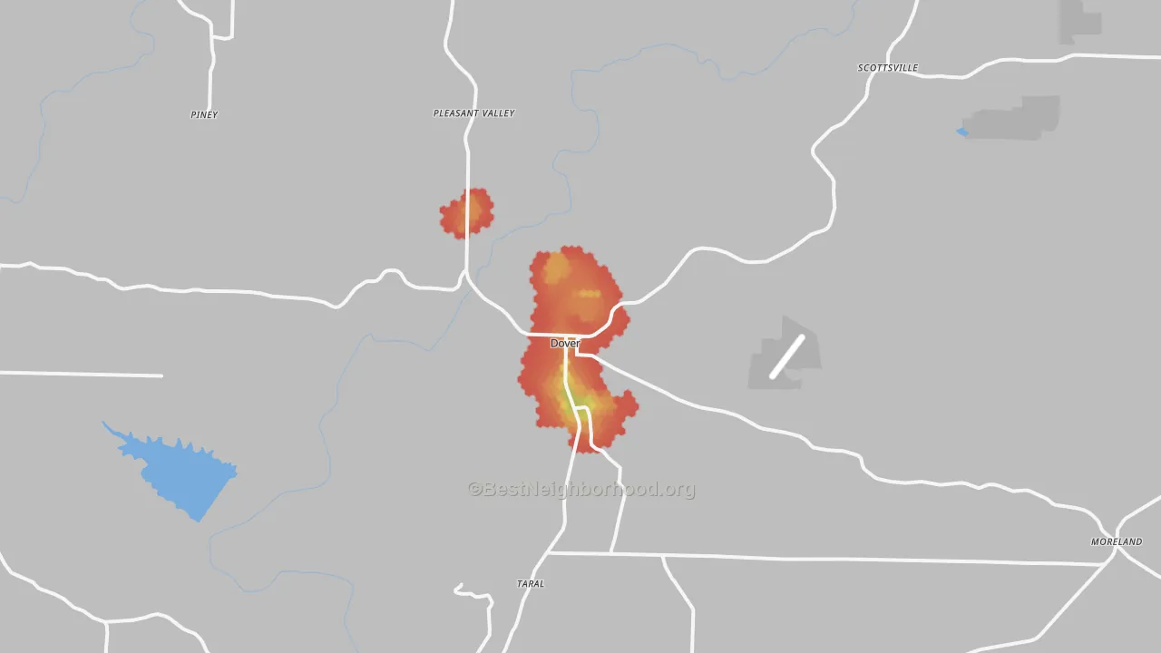 Walk Grade map of Dover, AR, walkable areas in green and car-dependent areas in red