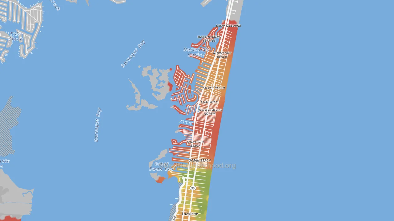 Walk Grade map of Dover Beaches North, NJ, walkable areas in green and car-dependent areas in red